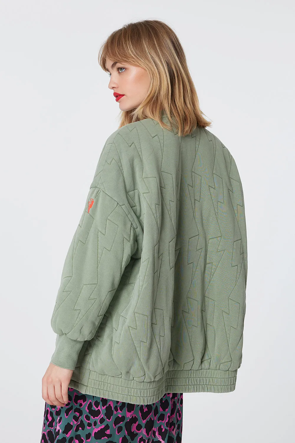 Khaki Quilted Lightning Bolt Oversized Bomber Jacket