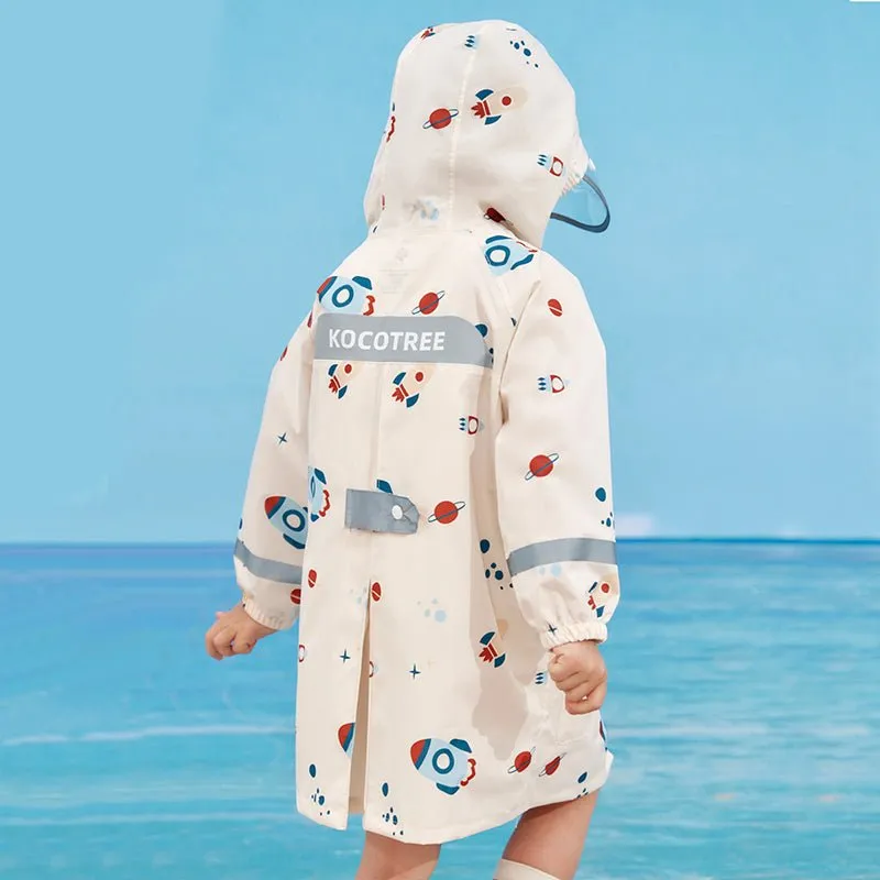 Kids Raincoat Jacket Style Rocket Galaxy Theme, Cream