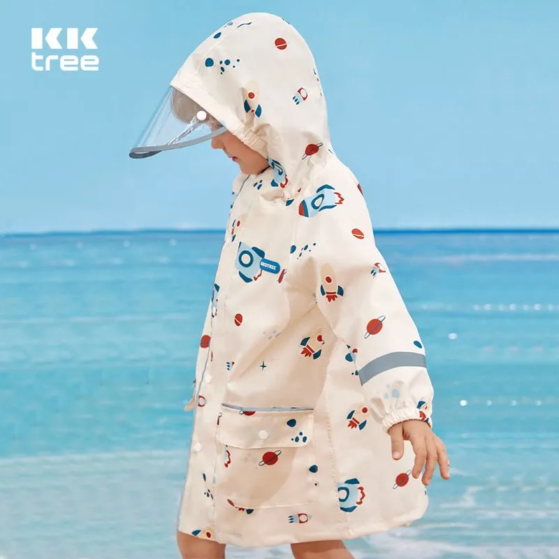 Kids Raincoat Jacket Style Rocket Galaxy Theme, Cream