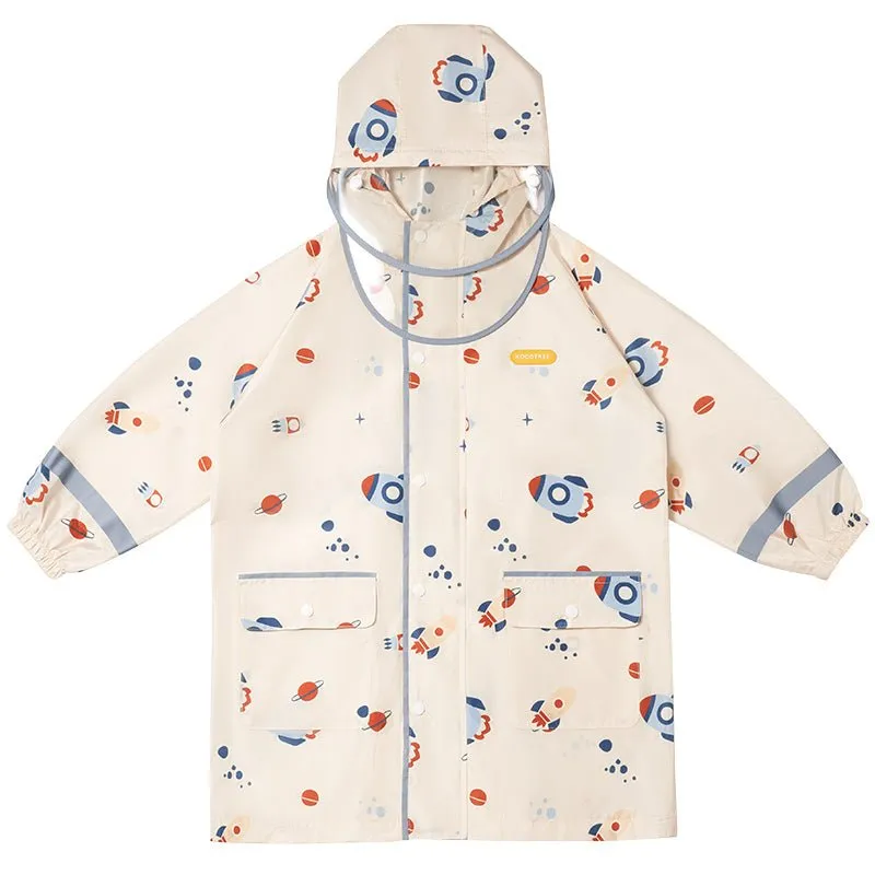 Kids Raincoat Jacket Style Rocket Galaxy Theme, Cream