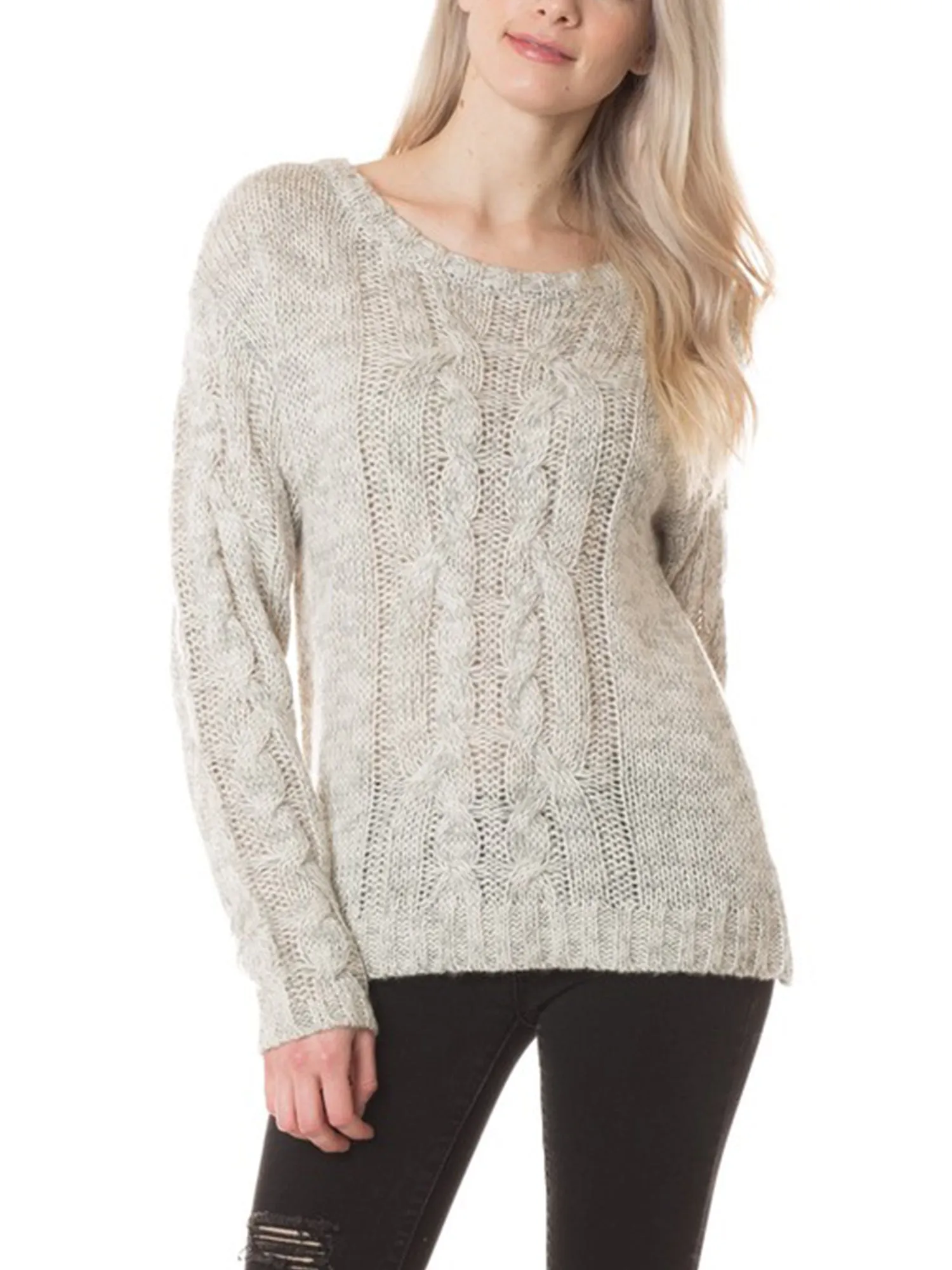 KOGMO Womens Basic Round Neck Cable Knit Sweater