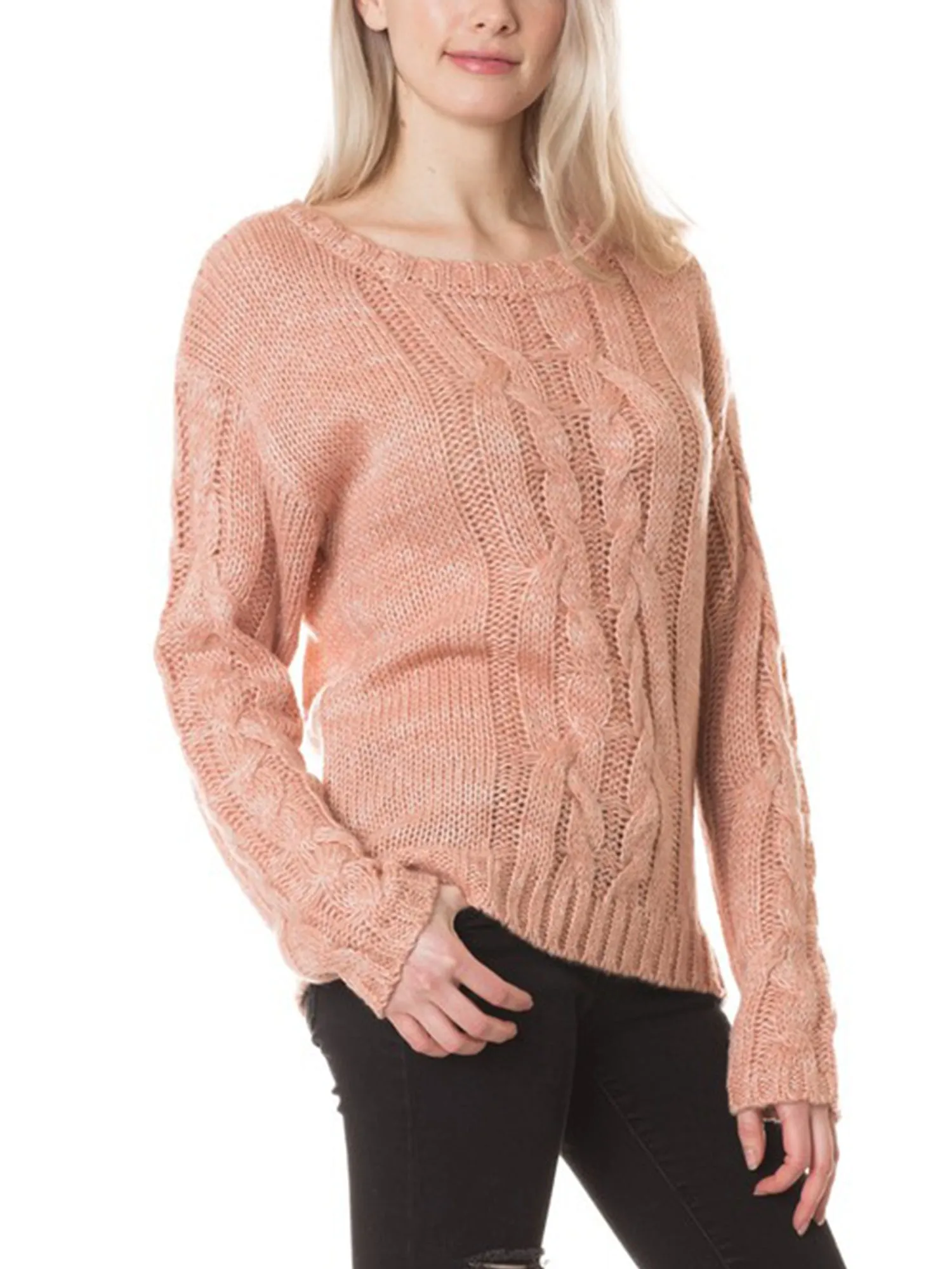 KOGMO Womens Basic Round Neck Cable Knit Sweater