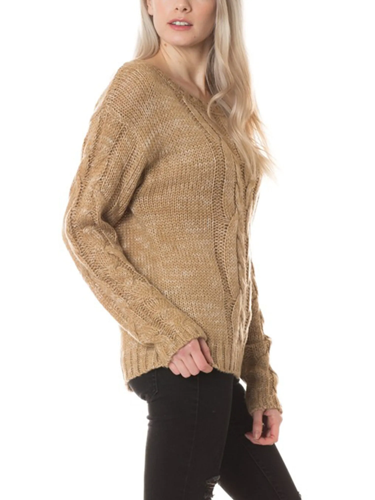 KOGMO Womens Basic Round Neck Cable Knit Sweater