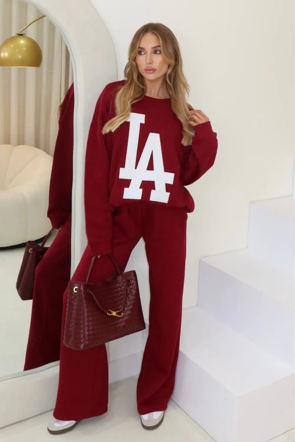 LA burgundy sweater and straight leg jogger loungewear