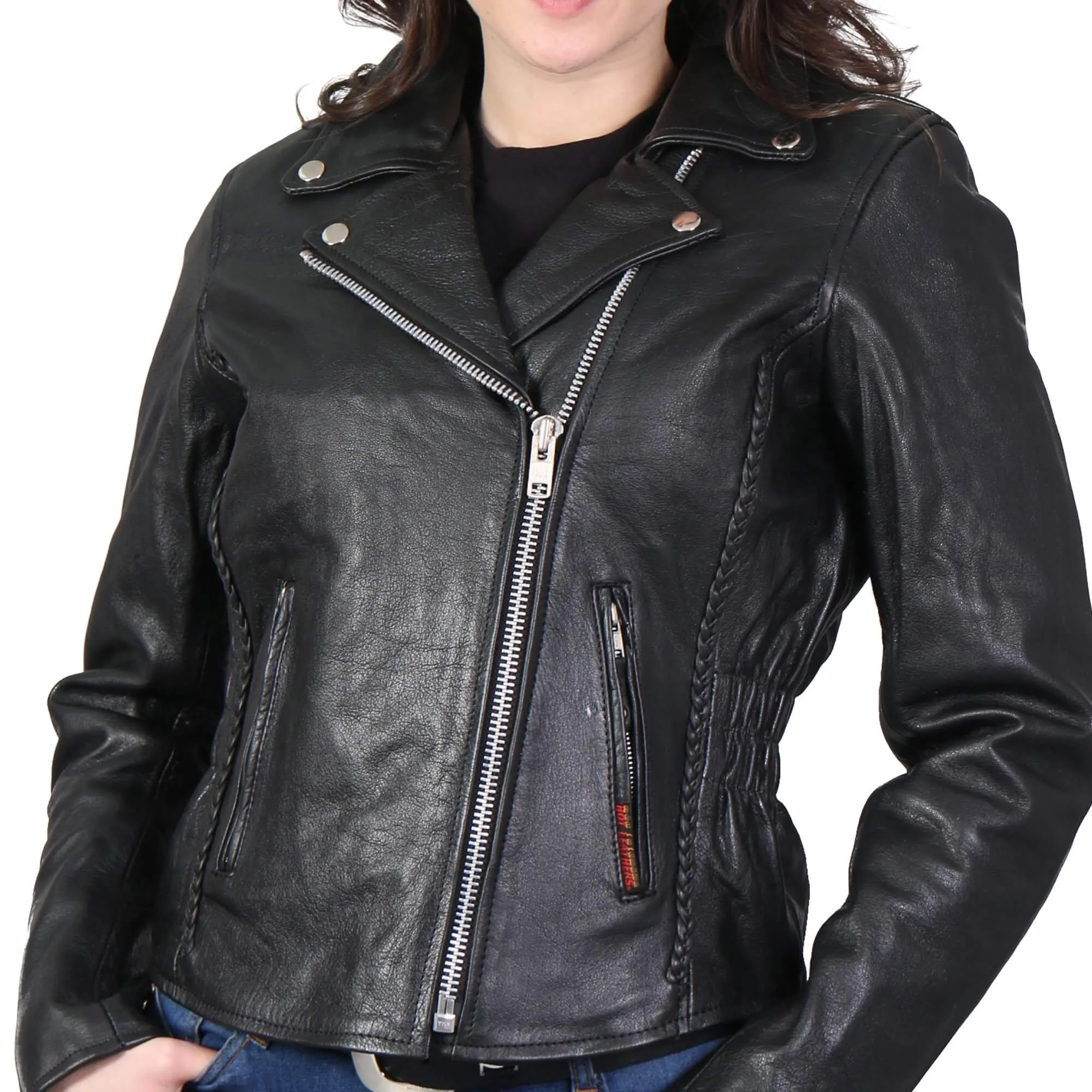 Ladies Braided Motorcycle Leather Jacket, JKL1009-HL