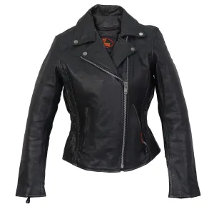 Ladies Braided Motorcycle Leather Jacket, JKL1009-HL