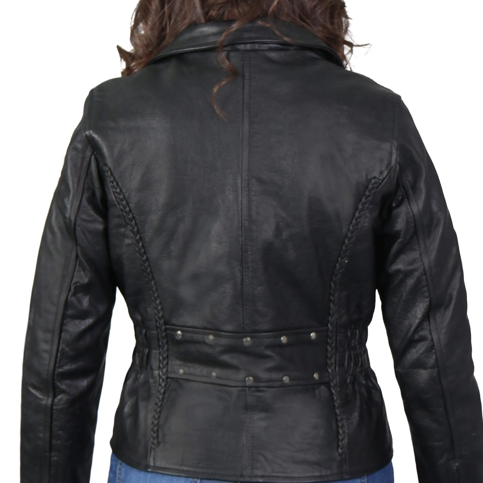 Ladies Braided Motorcycle Leather Jacket, JKL1009-HL