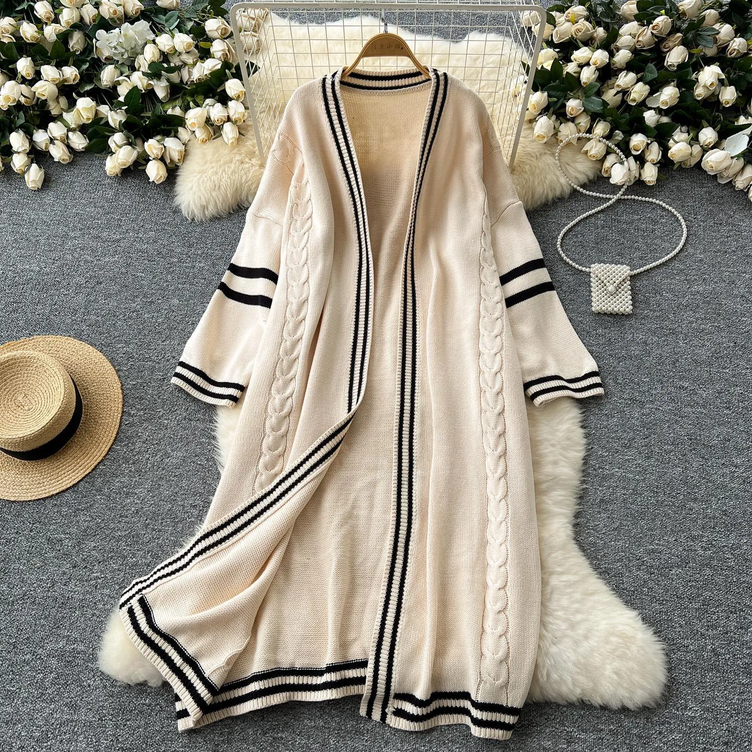 Lanfubeisi 2000s fashion Sweater Women's Autumn and Winter Wear Lazy Style Mid-Length Outer Shawl Women's Retro Contrast Color Loose All-Match Sweater Coat