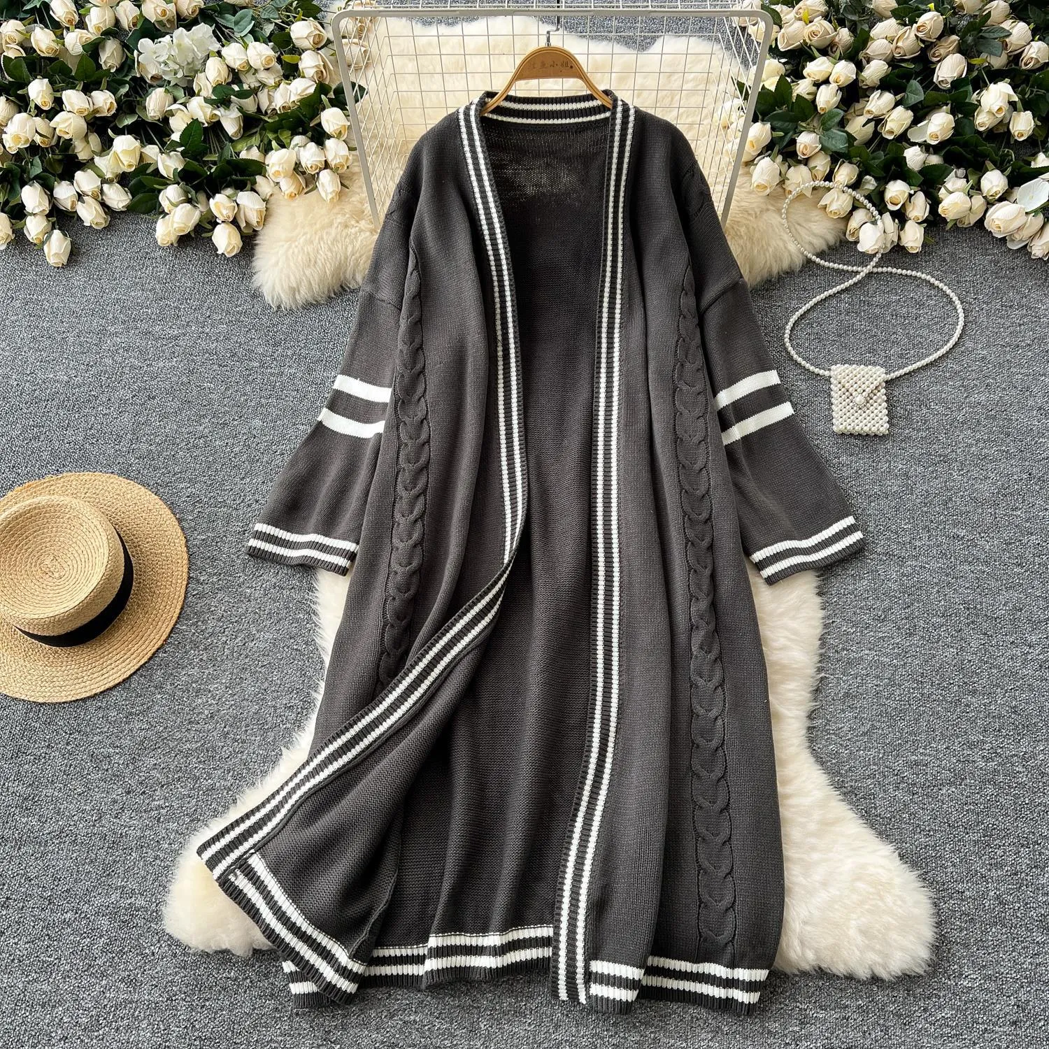 Lanfubeisi 2000s fashion Sweater Women's Autumn and Winter Wear Lazy Style Mid-Length Outer Shawl Women's Retro Contrast Color Loose All-Match Sweater Coat