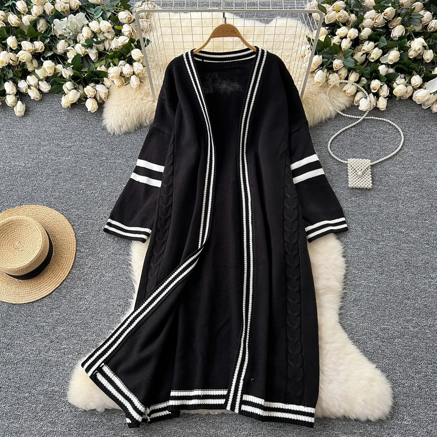 Lanfubeisi 2000s fashion Sweater Women's Autumn and Winter Wear Lazy Style Mid-Length Outer Shawl Women's Retro Contrast Color Loose All-Match Sweater Coat