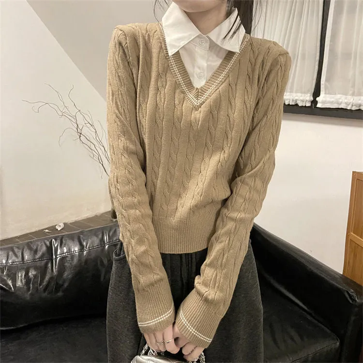 Lanfubeisi casual outfits Fake Two-Piece Polo Collar Long-Sleeved Sweater for Women Spring New Retro Twist Western Style All-Match Top Fashion