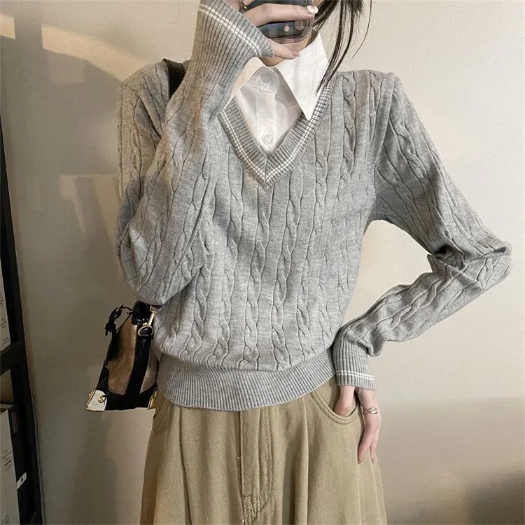 Lanfubeisi casual outfits Fake Two-Piece Polo Collar Long-Sleeved Sweater for Women Spring New Retro Twist Western Style All-Match Top Fashion