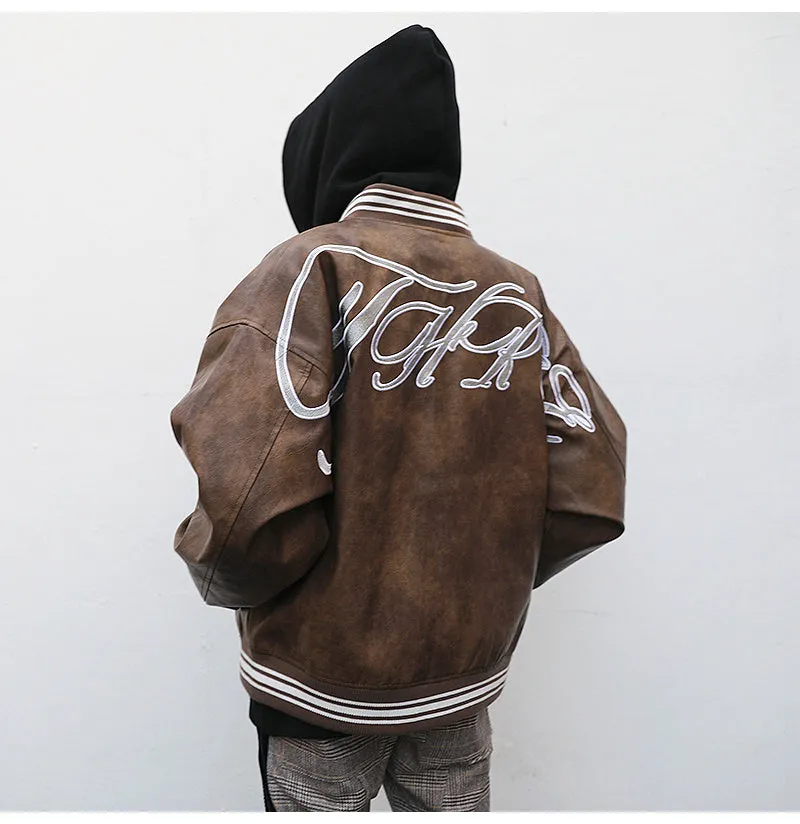 Leather Embroidered Loose Baseball Jacket