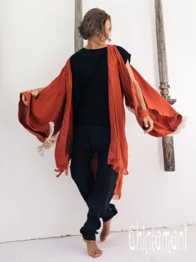 Linen Fringe Kimono Cardigan for Men / Red Ochre