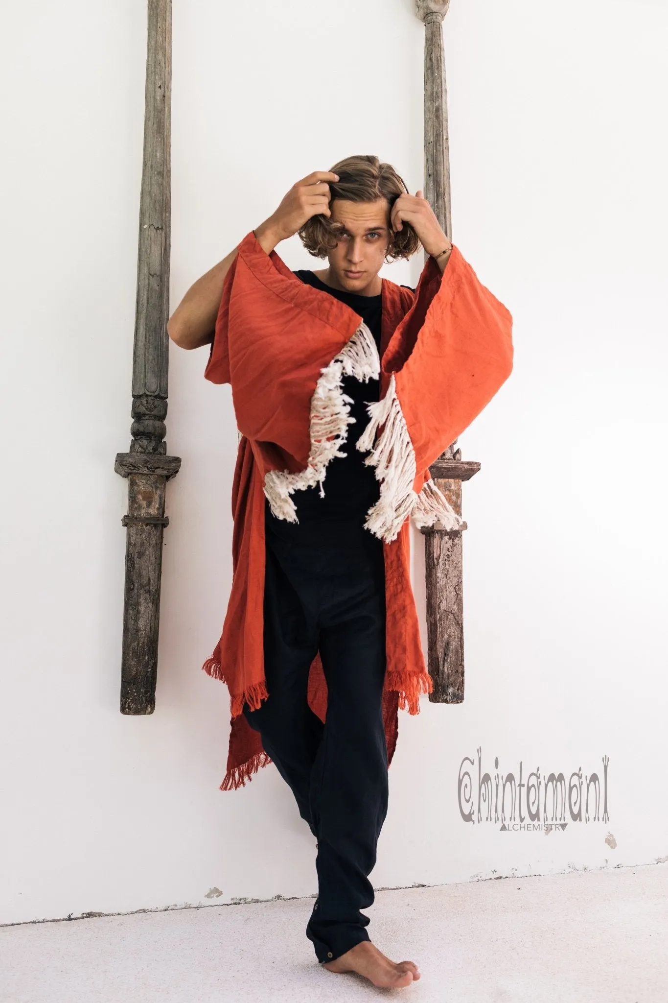 Linen Fringe Kimono Cardigan for Men / Red Ochre