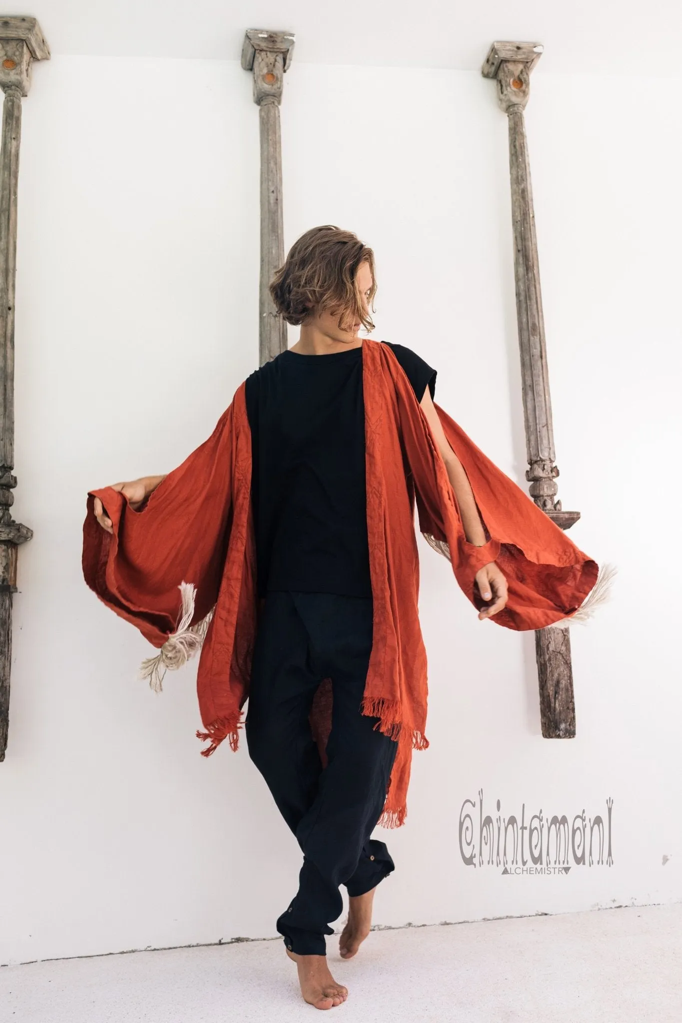 Linen Fringe Kimono Cardigan for Men / Red Ochre