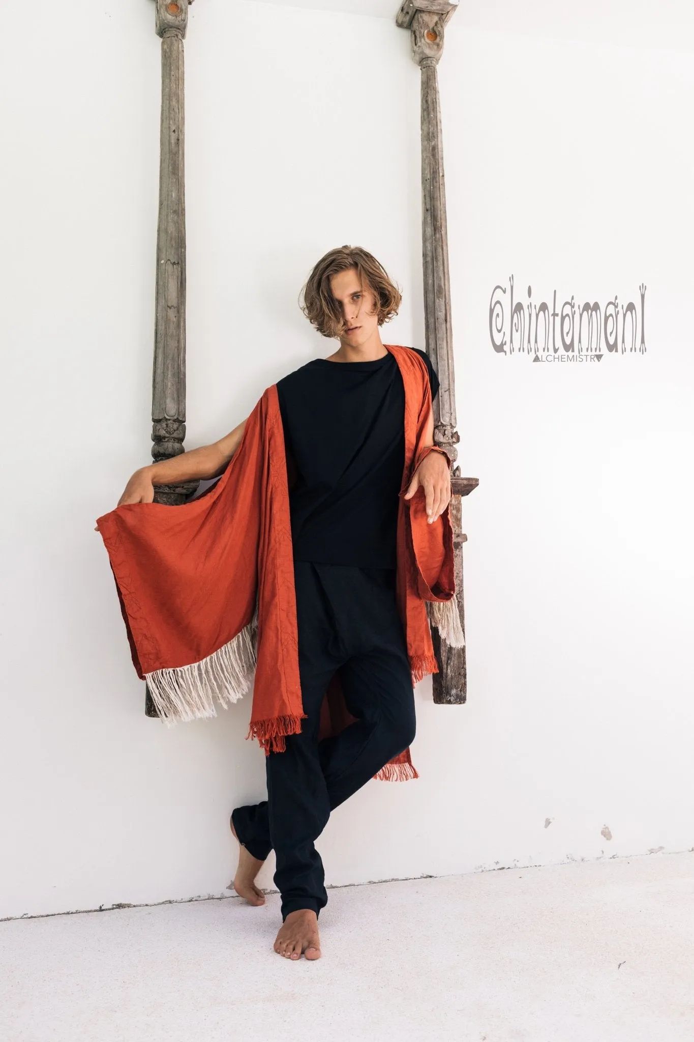 Linen Fringe Kimono Cardigan for Men / Red Ochre