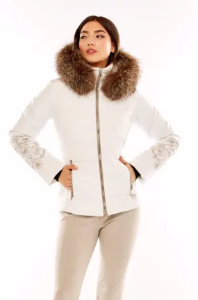 M. Miller Women's Keirsten White Stretch Paneled down Jacket W/ Fur Trim