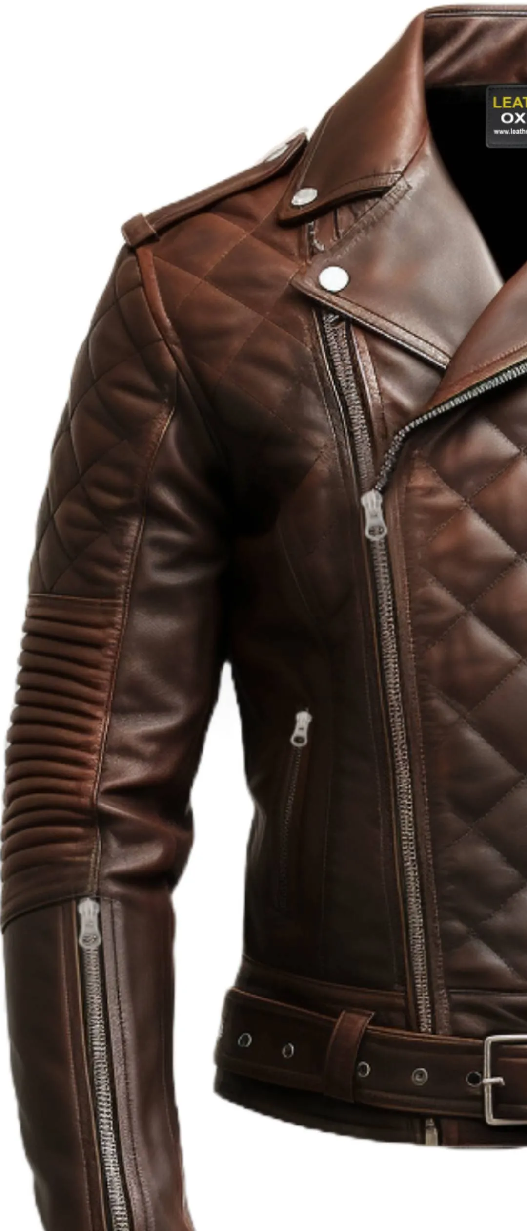 Men Quilted Biker Brown Leather Jacket