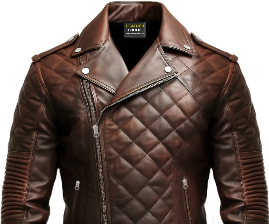 Men Quilted Biker Brown Leather Jacket