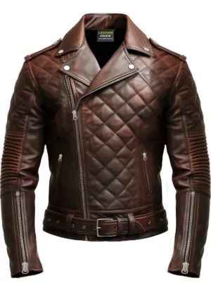 Men Quilted Biker Brown Leather Jacket