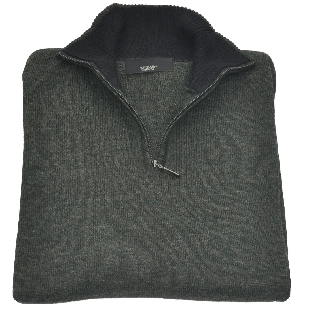 Men's Baby Alpaca Half Zip Sweater - Green Melange