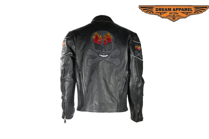 Mens Black Racer Leather Motorcycle Jacket With Flaming Reflective Skulls