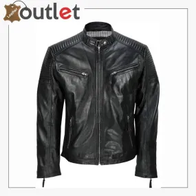 Men's Black Vintage Biker Style Waxed Sheep Skin Fashion Jacket