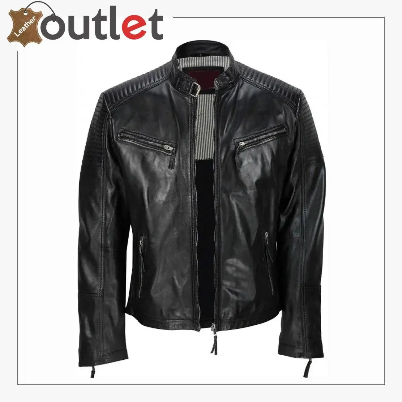 Men's Black Vintage Biker Style Waxed Sheep Skin Fashion Jacket