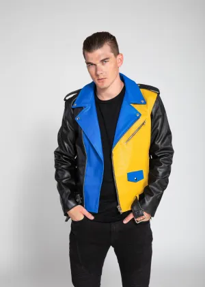 Men's Block Print Moto Style Faux Leather Jacket - Blue/Yellow