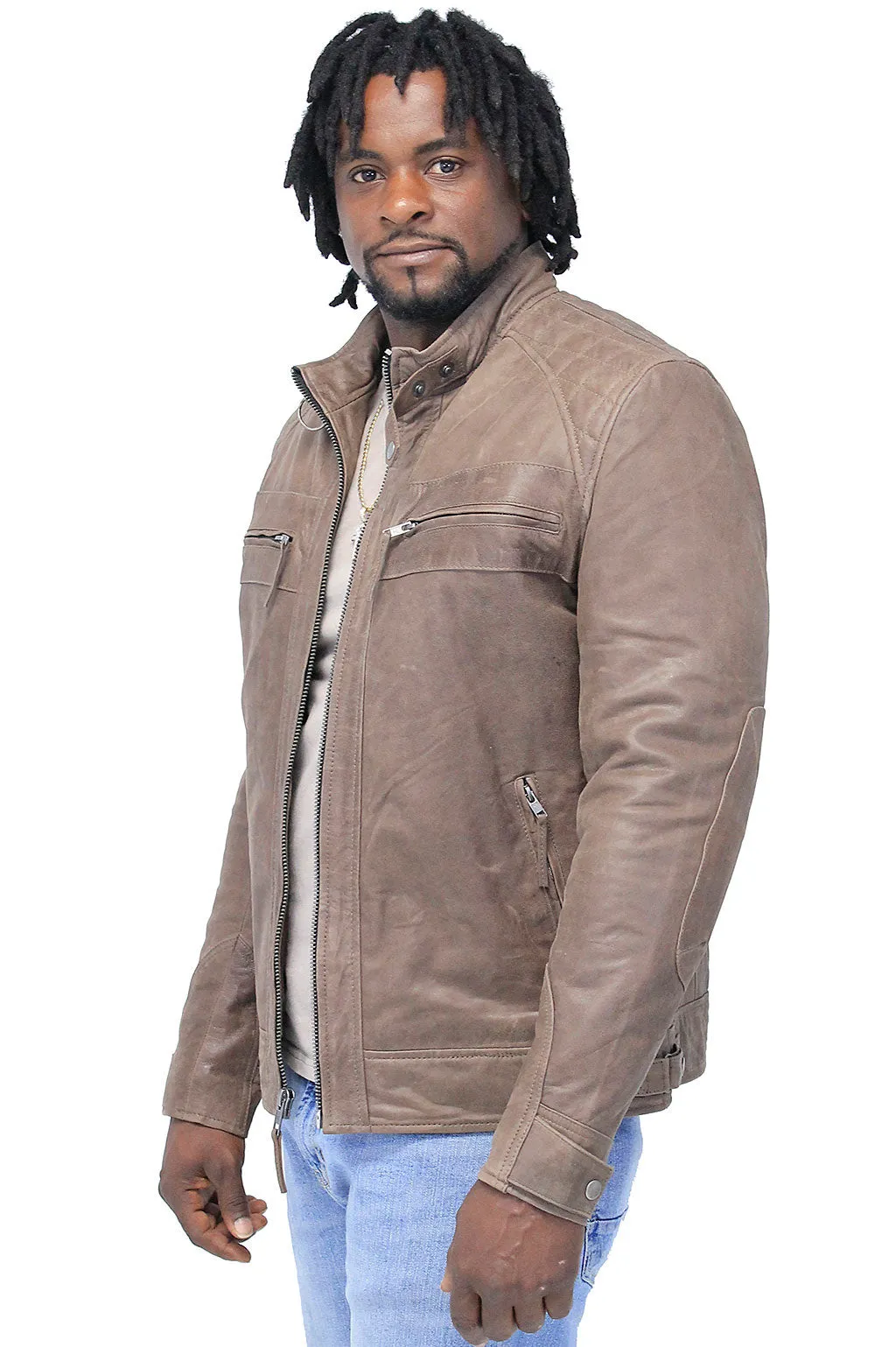 Men's Brown Lambskin Leather Jacket with Quilting #MA5501QN