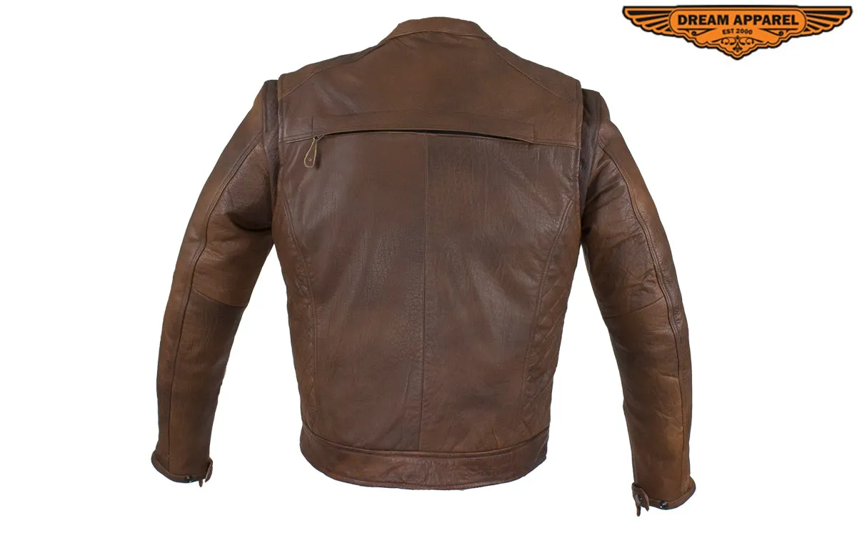 Men's Brown Naked Cowhide Leather Diamond Jacket