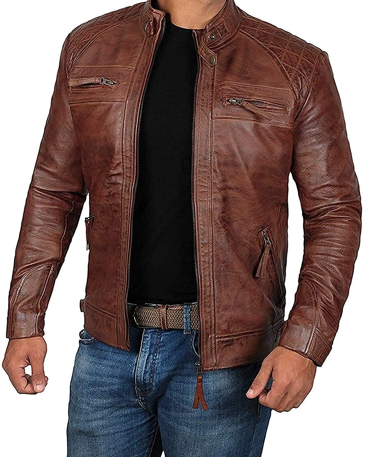 Men's Distressed Brown Lambskin Motorcycle Leather Jacket