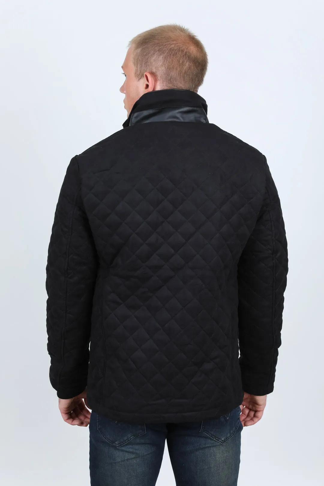 Mens Fur Lined Quilted Faux Suede Coat - Black