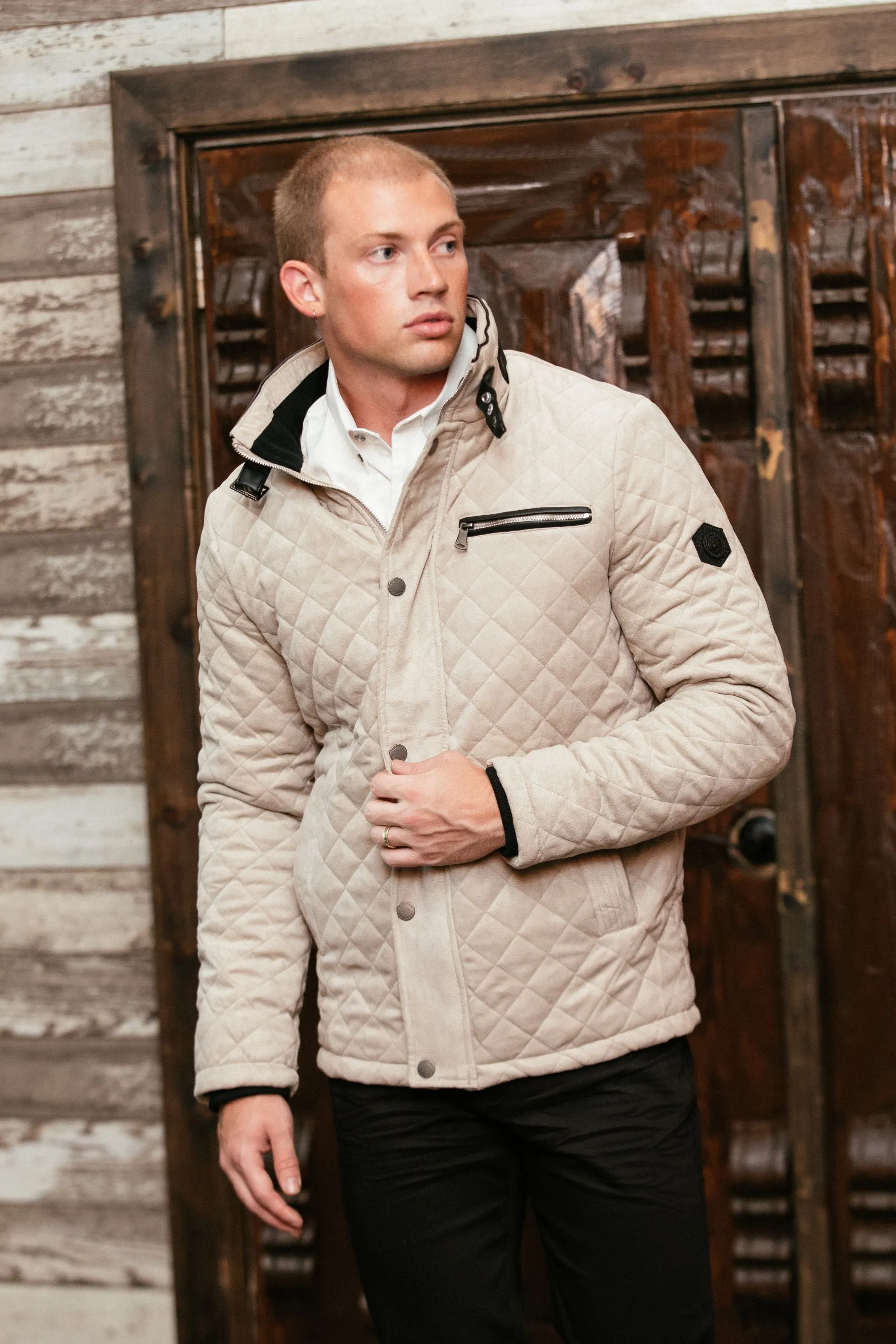 Mens Fur Lined Quilted Faux Suede Coat - Gray