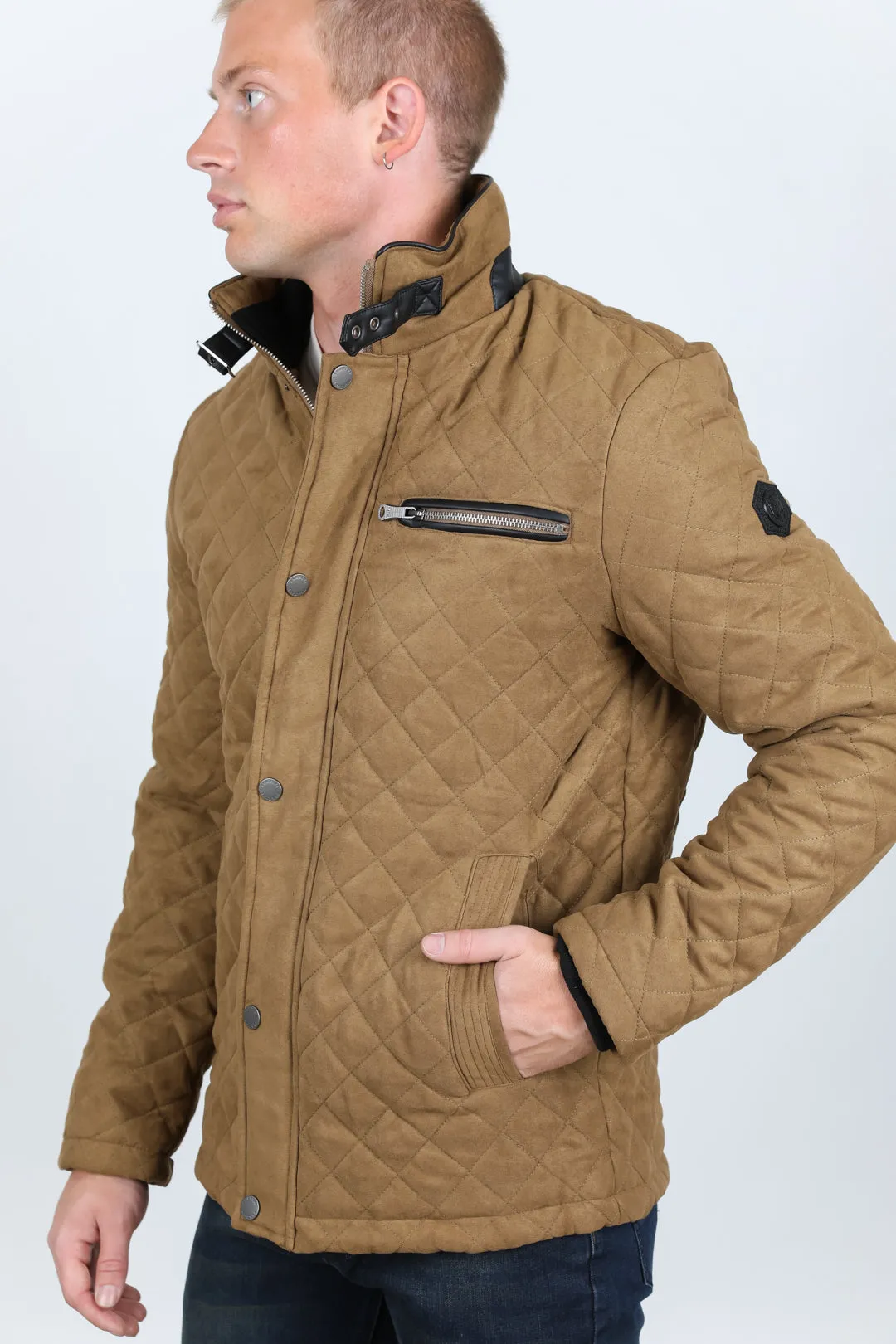 Mens Fur Lined Quilted Faux Suede Coat - Light Brown