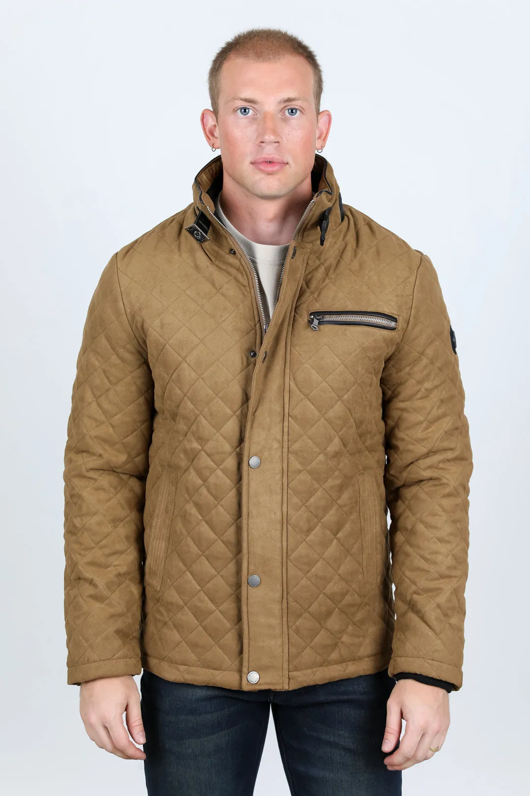 Mens Fur Lined Quilted Faux Suede Coat - Light Brown