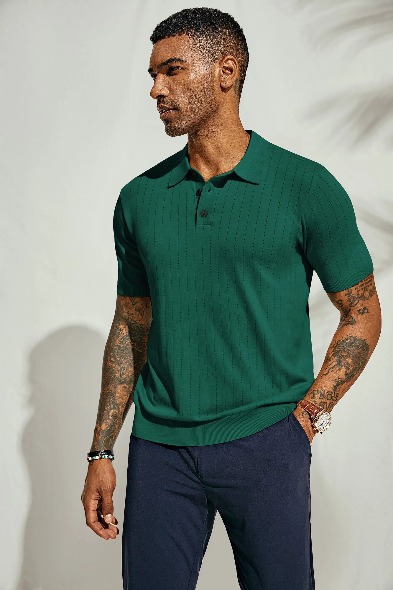 Men's Knit Polo Shirts Casual Short Sleeve Solid Button Down Pullover Polo T Shirts