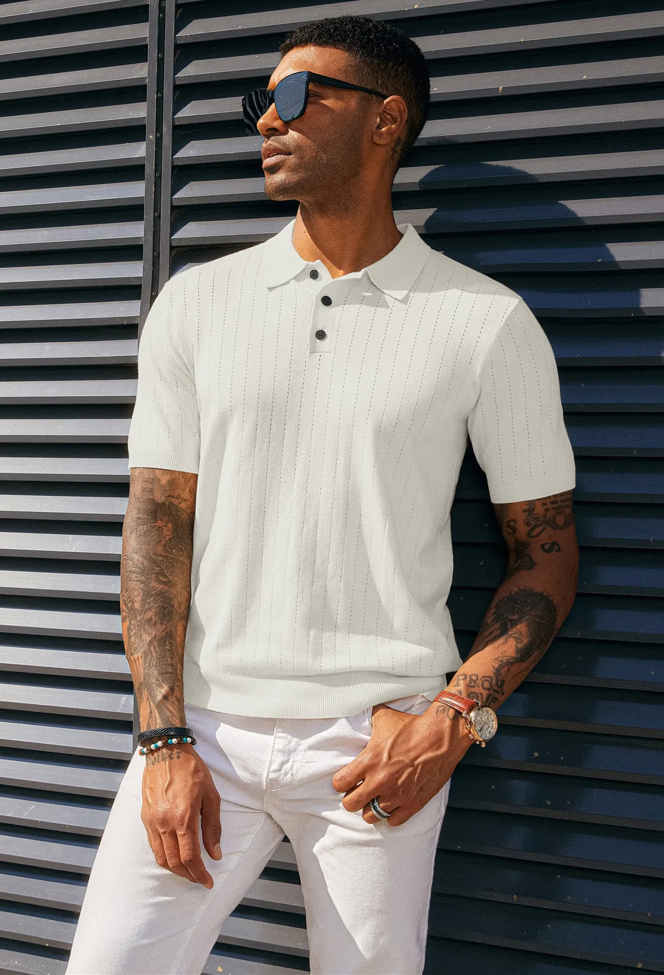 Men's Knit Polo Shirts Casual Short Sleeve Solid Button Down Pullover Polo T Shirts