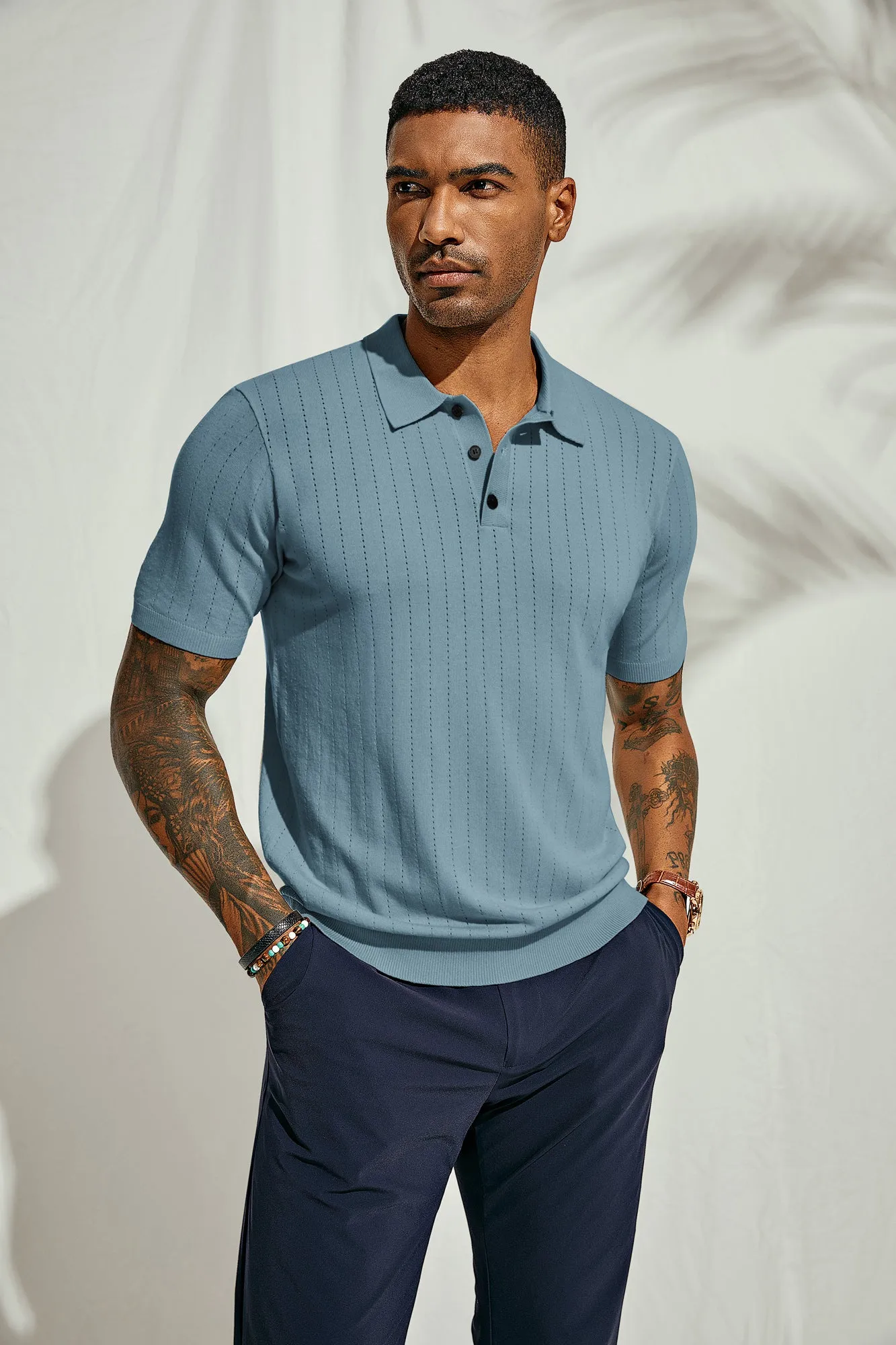 Men's Knit Polo Shirts Casual Short Sleeve Solid Button Down Pullover Polo T Shirts