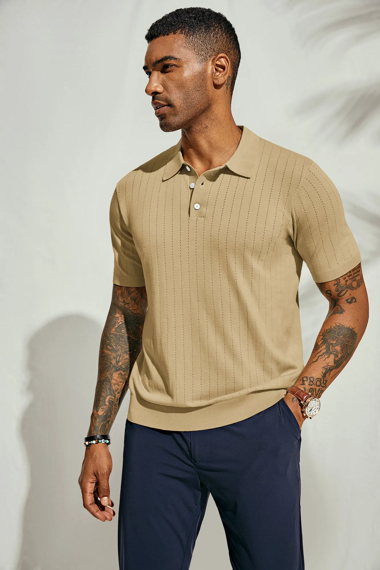 Men's Knit Polo Shirts Casual Short Sleeve Solid Button Down Pullover Polo T Shirts