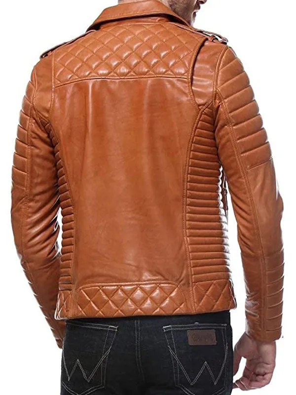 Men's Quilted And Padded Tan Motorbike Leather Jacket