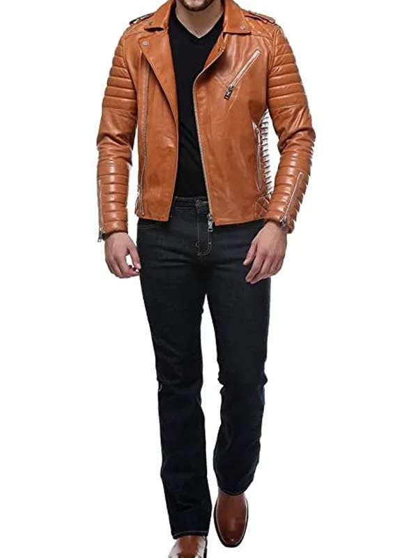 Men's Quilted And Padded Tan Motorbike Leather Jacket