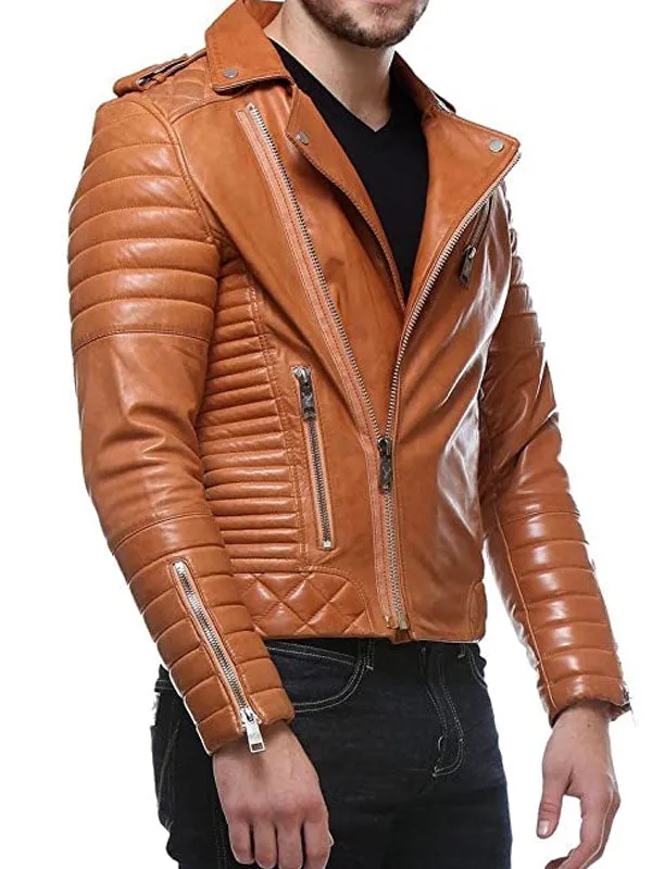 Men's Quilted And Padded Tan Motorbike Leather Jacket