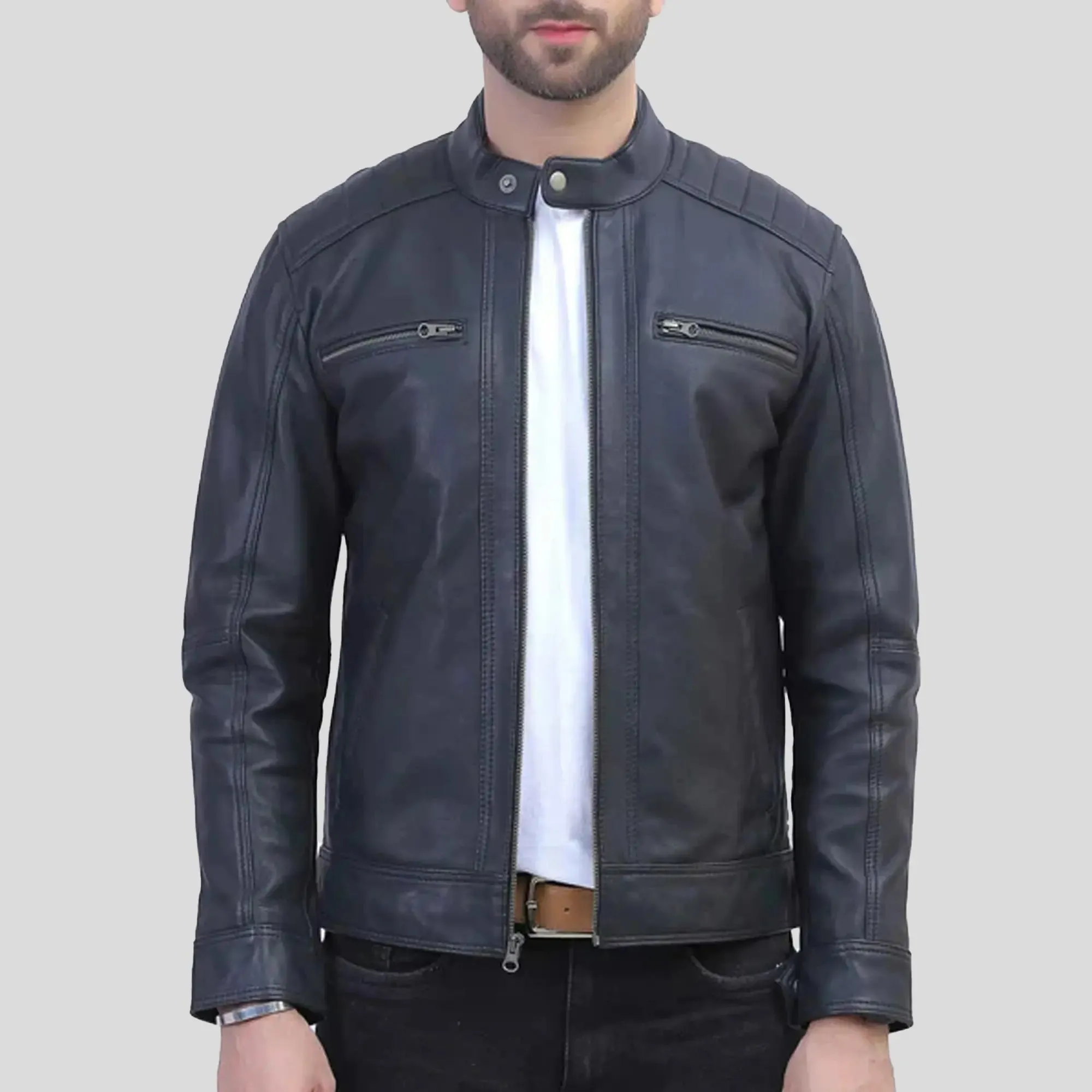 Mens Quilted Shoulder Black Leather Jacket