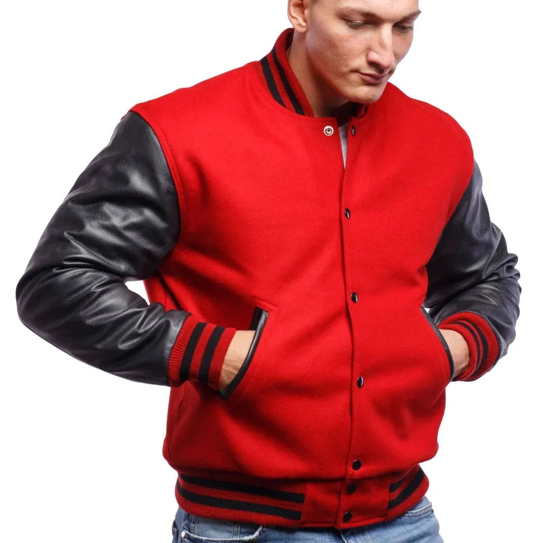 Mens Red And Black Leather Varsity Jacket