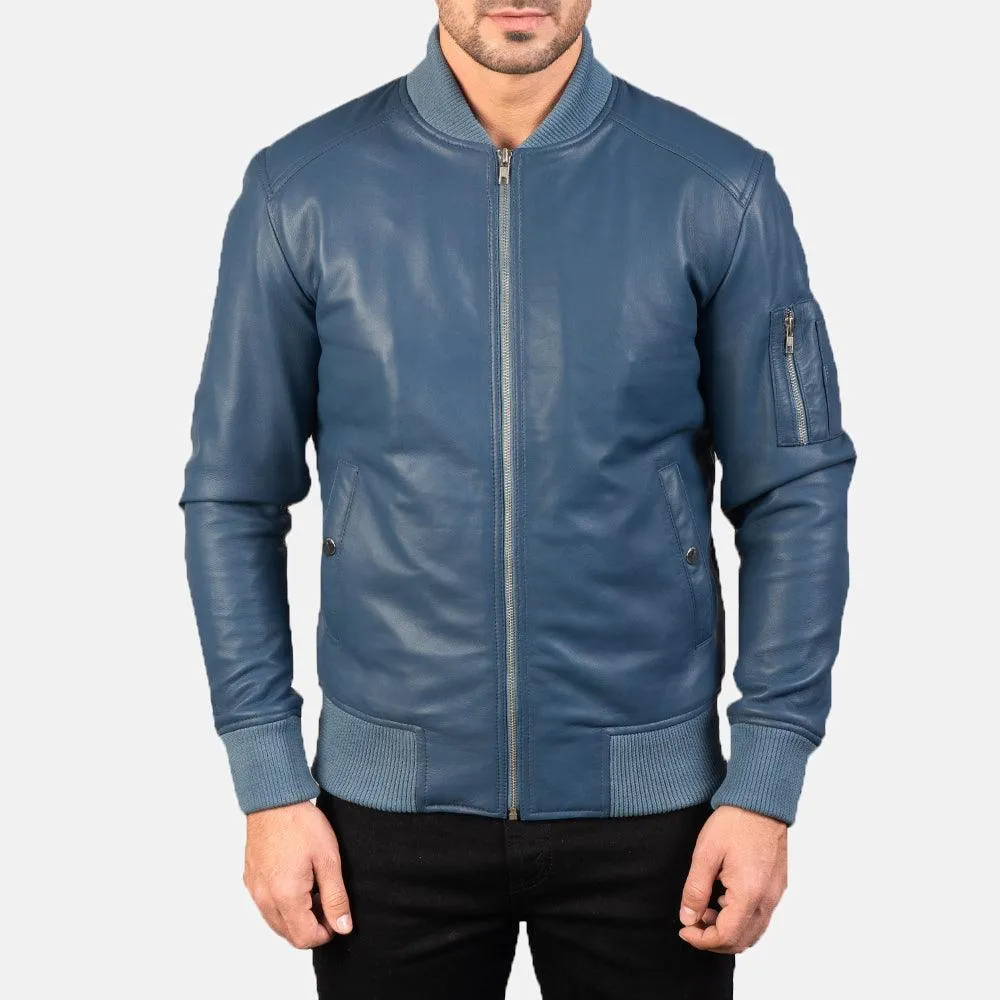 Mens Sapphire Blue Leather Bomber Jacket