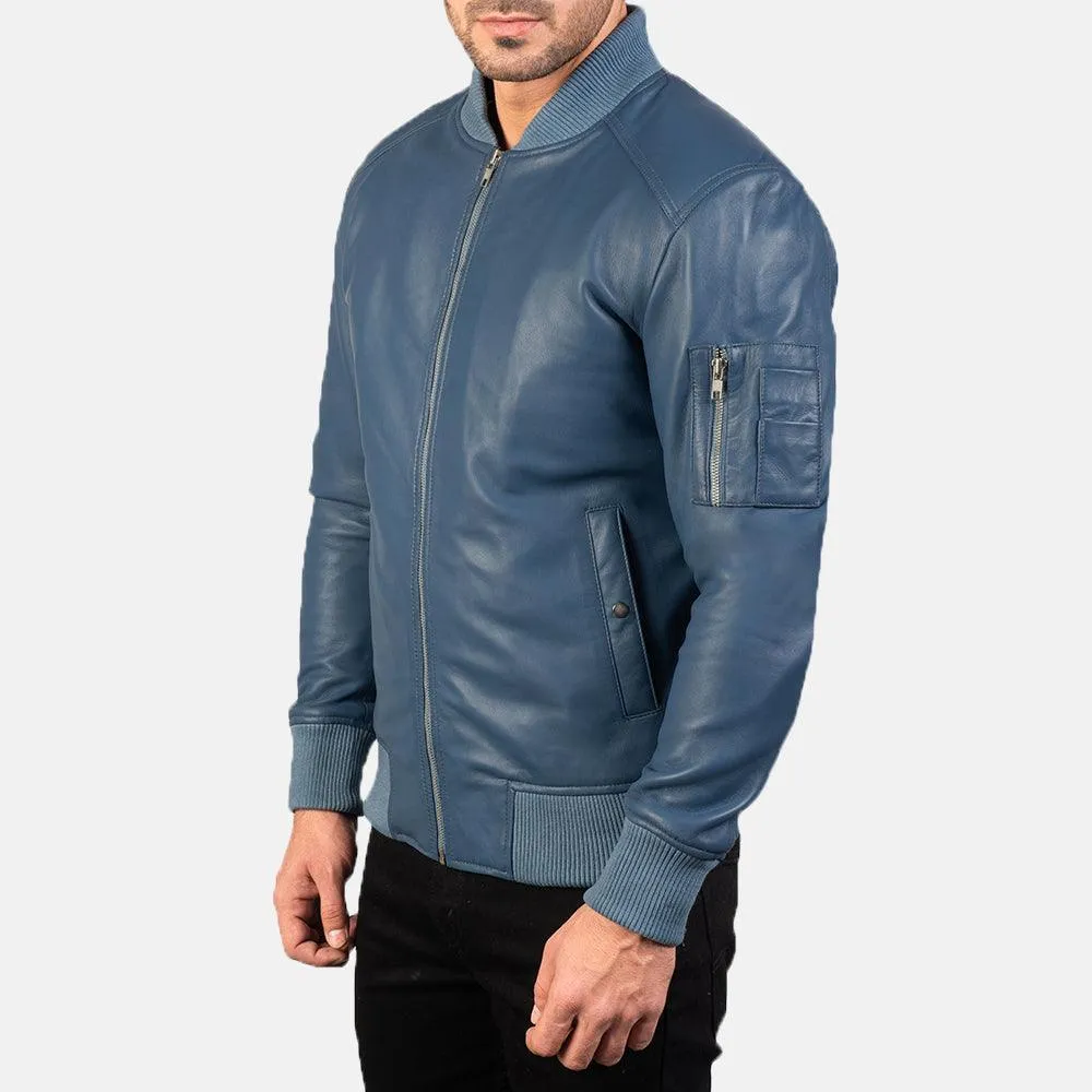 Mens Sapphire Blue Leather Bomber Jacket