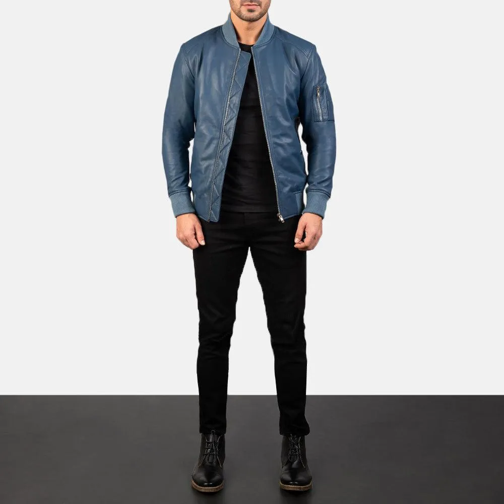 Mens Sapphire Blue Leather Bomber Jacket