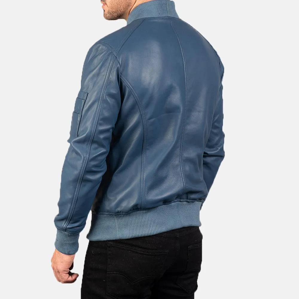 Mens Sapphire Blue Leather Bomber Jacket